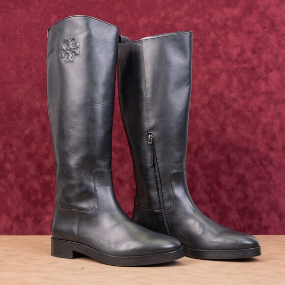 Tory Burch Women The Riding Black Leather Luxe T Logo Fashion Knee Boots sz 7.5 - Picture 1 of 10